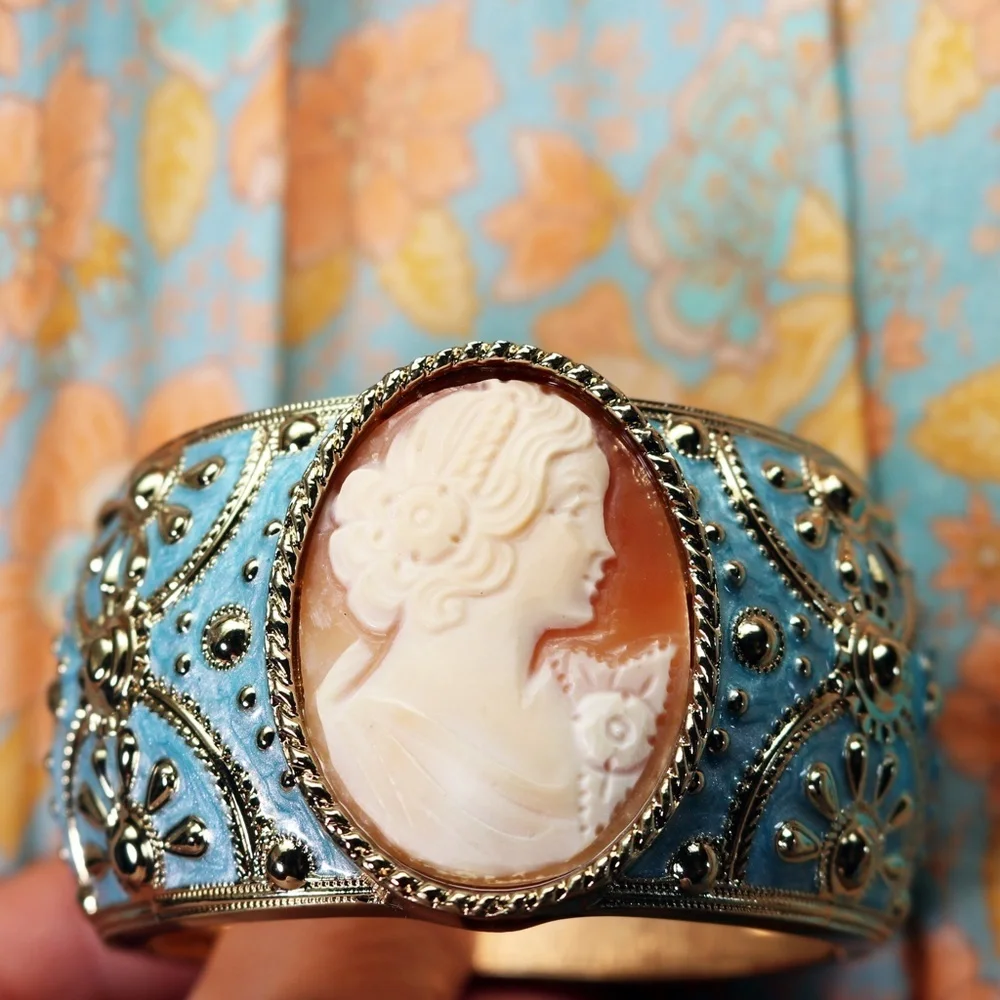 Amedeo Hand Carved Cameo Satin Blue Cuff Bracelet